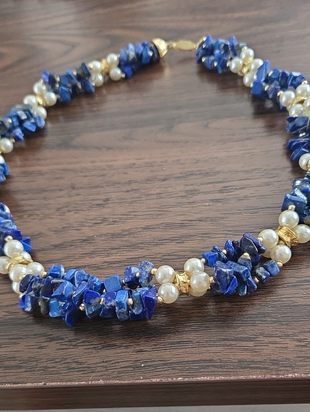 Lapis & Pearl Cluster Necklace - Deep Blue and Cream.VINTAGE